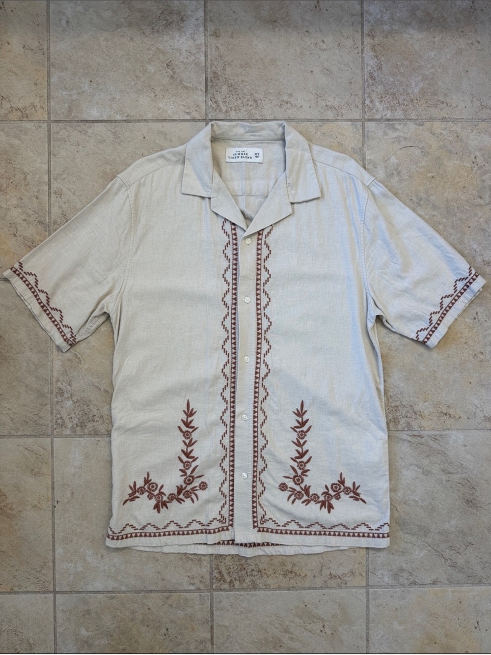 Abercrombie & Fitch Cream Short-Sleeve Button-Down with Brown Embroidery